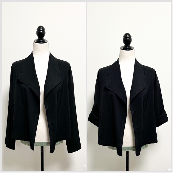 Max Studio Tops - Max Studio Black Roll Tab Sleeve Open Front Collared Shrug Shorter Jacket Small
